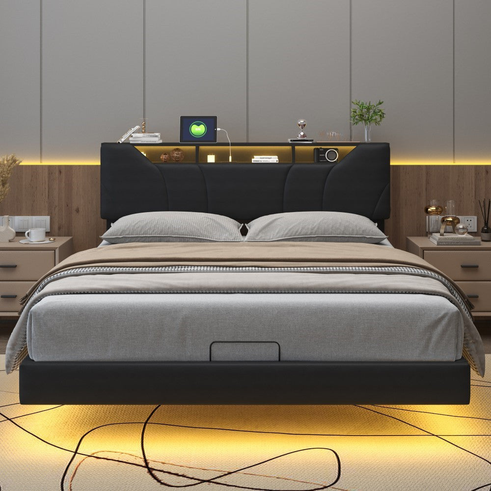 Opbergbed – Gestoffeerd Bed – Tweepersoonsbed – Hydraulisch Opbergbed – Slaapbank – 140x200 cm – Met USB Oplaadfunctie – LED Verlichting