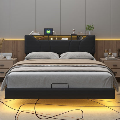 Opbergbed – Gestoffeerd Bed – Tweepersoonsbed – Hydraulisch Opbergbed – Slaapbank – 140x200 cm – Met USB Oplaadfunctie – LED Verlichting