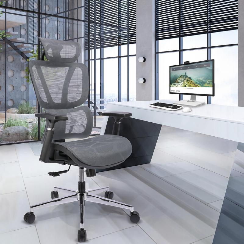 Bureaustoel – Draaistoel – Office Chair – Kantoorstoel – Ergonomische stoel – Verstelbare hoofdsteun & armleuningen – Ademende mesh bekleding – Max. 120 kg draagvermogen – Hoogte verstelbaar 50-58 cm - Grijs
