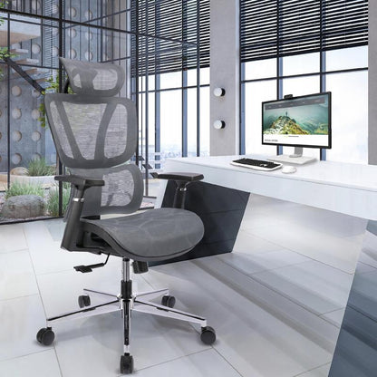 Bureaustoel – Draaistoel – Office Chair – Kantoorstoel – Ergonomische stoel – Verstelbare hoofdsteun & armleuningen – Ademende mesh bekleding – Max. 120 kg draagvermogen – Hoogte verstelbaar 50-58 cm - Grijs