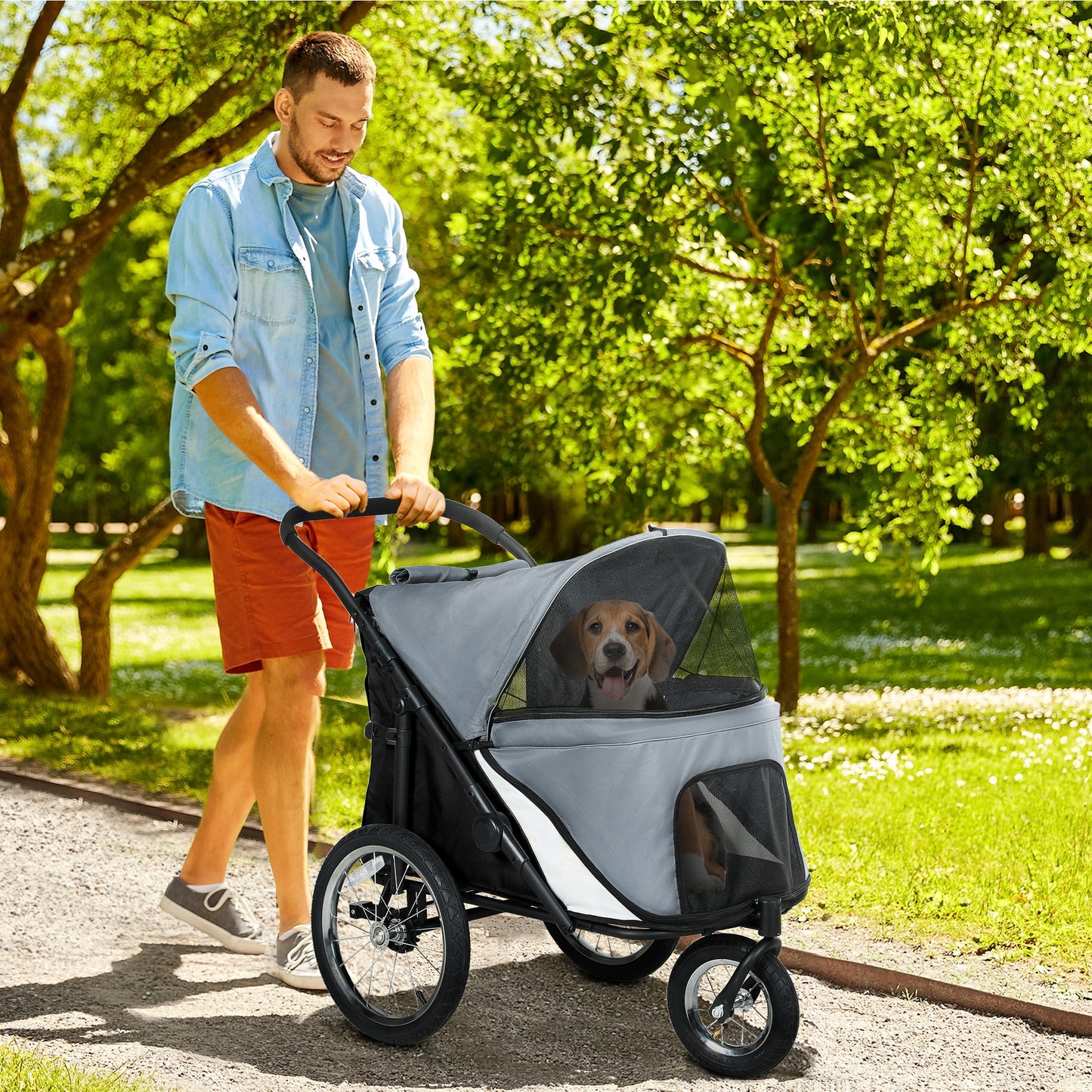 Hondenbuggy – Hondenwagen – Huisdierenwagen – Wandelwagen – Buggy – Opvouwbaar – Rubber Wielen – Tot 40 Kg – Grijs