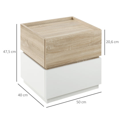 Nachtkastje – Nachtkast – Bedkastje – Bijzettafel – Opbergkast – Stapelbaar Design – Natuurlijk Hout & Wit – 50x40x47,5 cm – 2 Ruime Laden