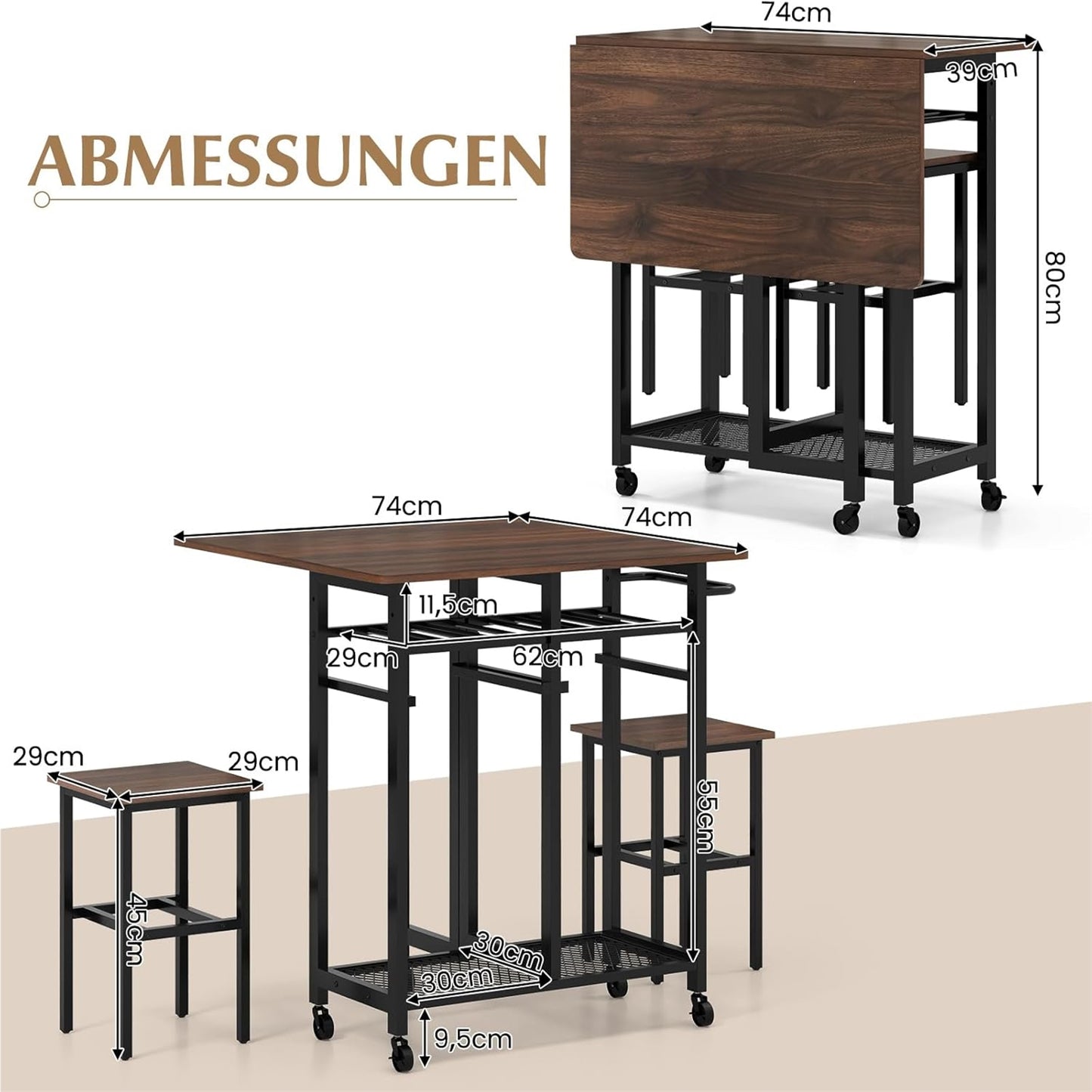 Eettafelset – Eettafel – Eethoek – Keukentafelset – Zitgroep – Uitschuifbare Tafel – Met Wijnrek en Opbergruimte – Verrijdbaar met Wieltjes – Inklapbaar