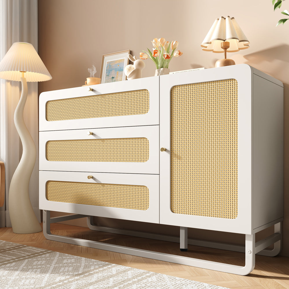 Dressoir – Sideboard – Opbergkast – Ladekast – Buffetkast – Modern Design – Vlechtwerk Met Gouden Accenten – 3 Lades & Deur – Verstelbare Planken – Anti-Kantelbeveiliging – Ruimtebesparend 120x85x40 cm