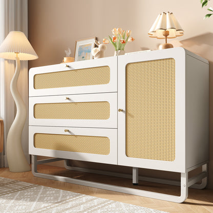 Dressoir – Sideboard – Opbergkast – Ladekast – Buffetkast – Modern Design – Vlechtwerk Met Gouden Accenten – 3 Lades & Deur – Verstelbare Planken – Anti-Kantelbeveiliging – Ruimtebesparend 120x85x40 cm
