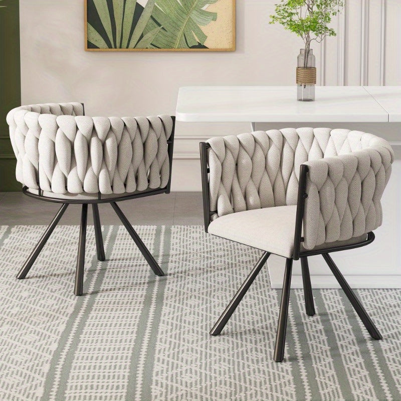 Eetkamerstoel – Bureaustoel – Draaifauteuil – Stoelenset – Linnen Bekleding – Licht Beige – Zwarte Metalen Poten – Draaibaar – Compact Formaat