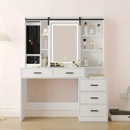 Kaptafel – Make-up Tafel – Vanity – Opmaktafel – Cosmeticatafel – Verstelbare LED Verlichting – Afneembare Grote Spiegel – Sieradenopslag – 5 Lades – Open Plank – Modern Wit – 120x40x150 cm