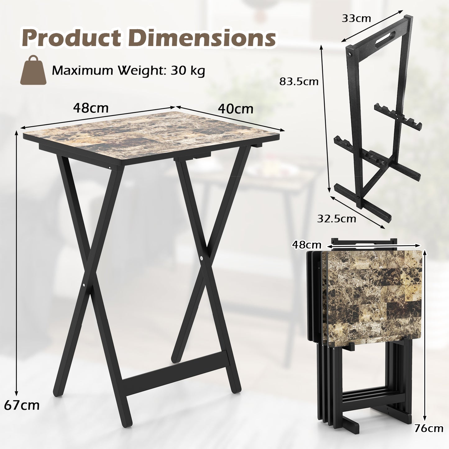Dienbladtafel – Bijzettafel – Butlertray – Opklapbare Tafel – Serveertafel – Set Van 5 – Rubberhout Met Opbergrek – Inclusief Handvat