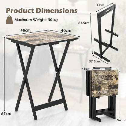 Dienbladtafel – Bijzettafel – Butlertray – Opklapbare Tafel – Serveertafel – Set Van 5 – Rubberhout Met Opbergrek – Inclusief Handvat
