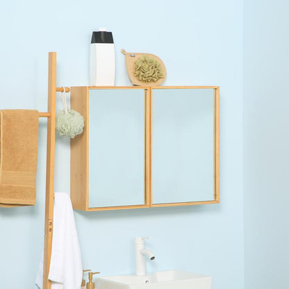 Badkamerkast – Badkamermeubel – Opbergkast – Spiegelkast – Wandschap – Spiegeldeuren – Schuifplanken – Compact Ontwerp – Hout Metaal Glas – 65,2x14x50 cm – Eenvoudige Montage