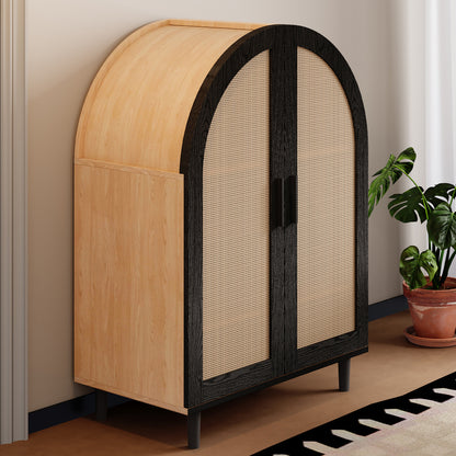 Modern Metal Shoe Cabinet with Wicker Doors - Freestanding Shoe Storage Unit, Curved Edges & 3 Shelves, Space-Saving Vertical/Horizontal Suitable for Entryway, Hallway, Small Apartments - Assembly Required
