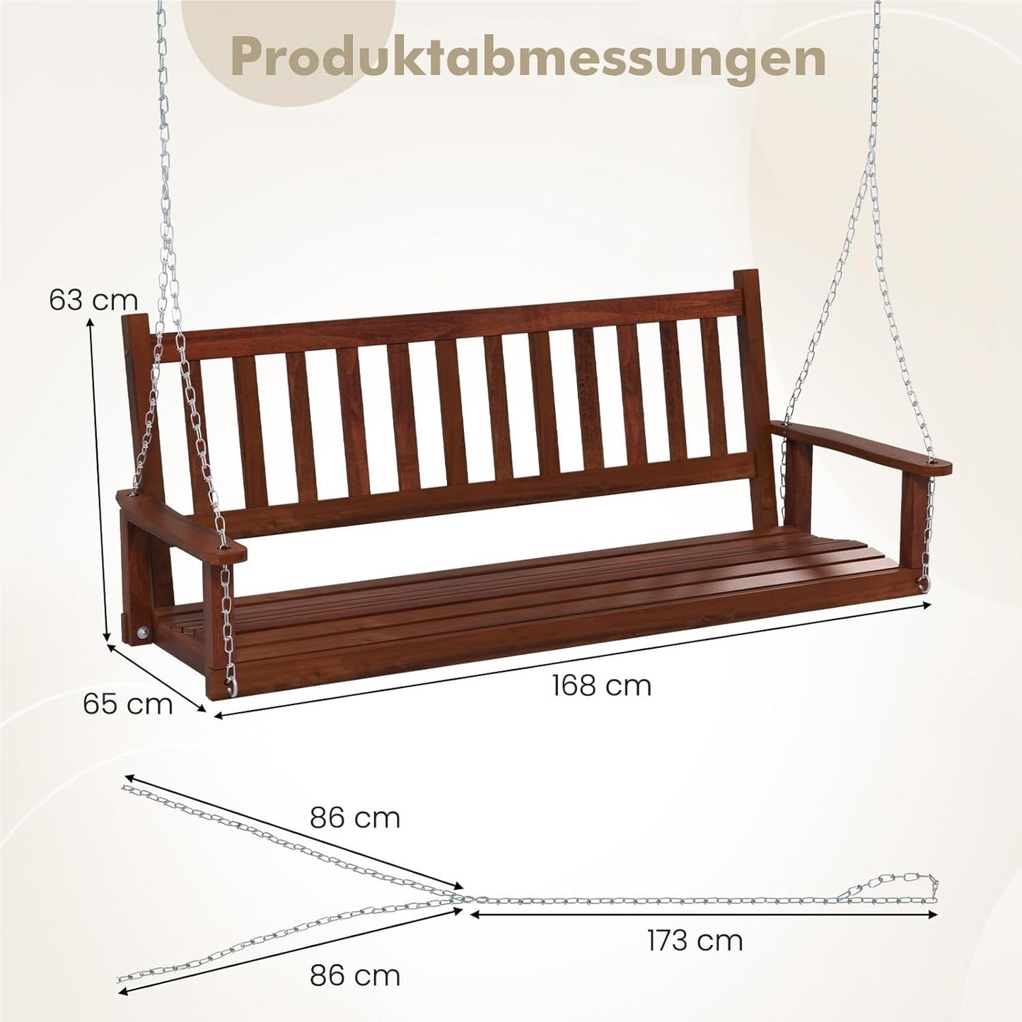 Houten Schommelbank – Tuinbank Schommel – Hangbank – Terrasbank – Hollywoodschommel – 3-Zits Tot 360 Kg Draagkracht – Weerbestendig Bruin 168x65x63 cm