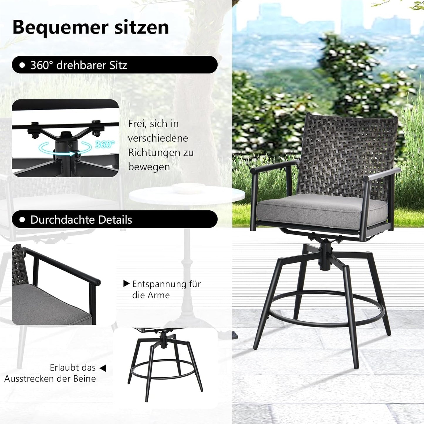 Barstoel – Barkruk – Barstoel Set – Barstoelen – Bistrostoel – 360° Draaibaar – 2-Laags PE-Rattan Rugleuning – Verstelbare Voetensteun – Metalen Frame – Set Van 2 – Zithoogte 64 cm