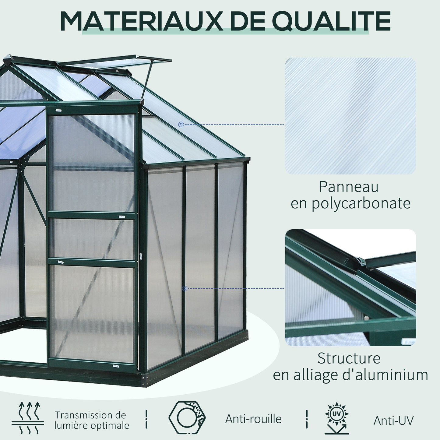 Kas – Tuinkas – Plantenkas – Broeikas – Groentekas – Polycarbonaat Panelen – Versterkte Fundering – 190x192x201 cm – Aluminium Frame – UV-bestendig – Donkergroen