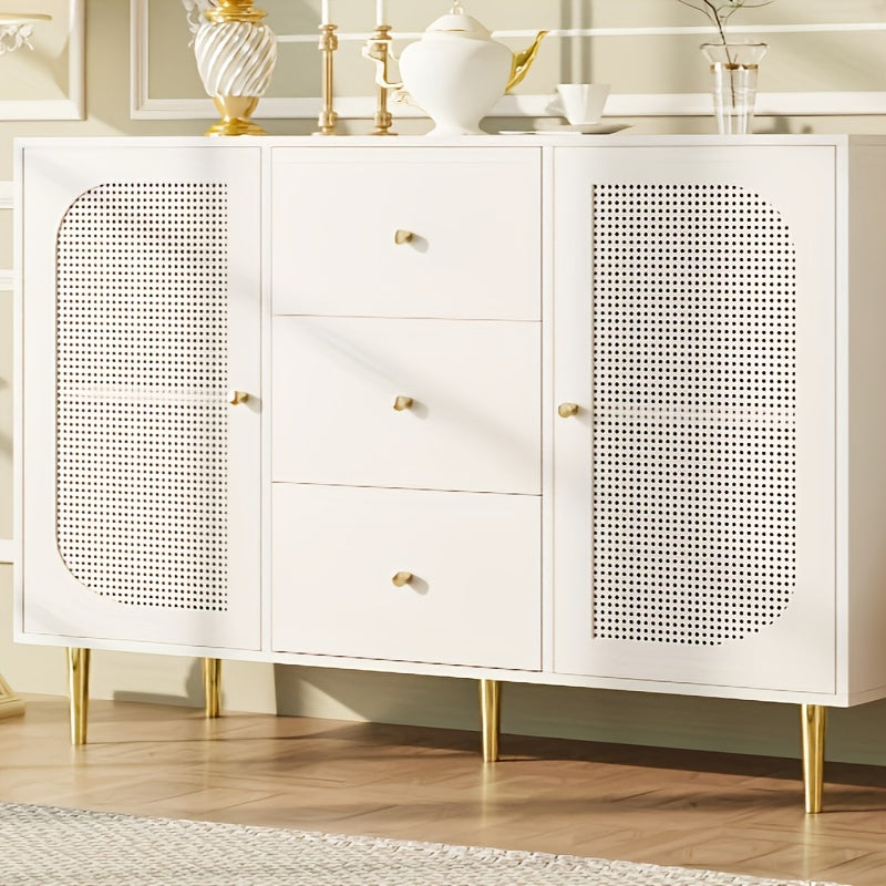 Dressoir – Sideboard – Opbergkast – Ladekast – Kast – Wit – MDF & Rattan – Multifunctionele Meubelset