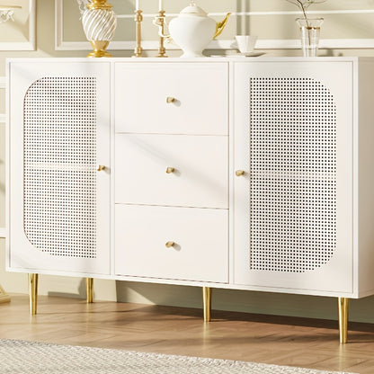 Dressoir – Sideboard – Opbergkast – Ladekast – Kast – Wit – MDF & Rattan – Multifunctionele Meubelset
