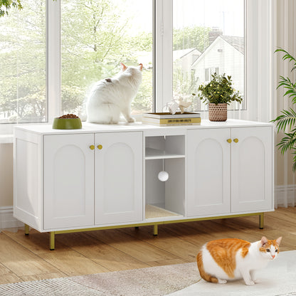 Kattenbakkast – Kattenkast – Kattenbak Meubel – Kattenhuis – Kattenbak Ombouw – Voor 2 Katten – Verborgen Kattenbak Met Opbergruimte – Wit Met Gouden Accenten – 140x48x62 cm – Inclusief Pluche Speelballen