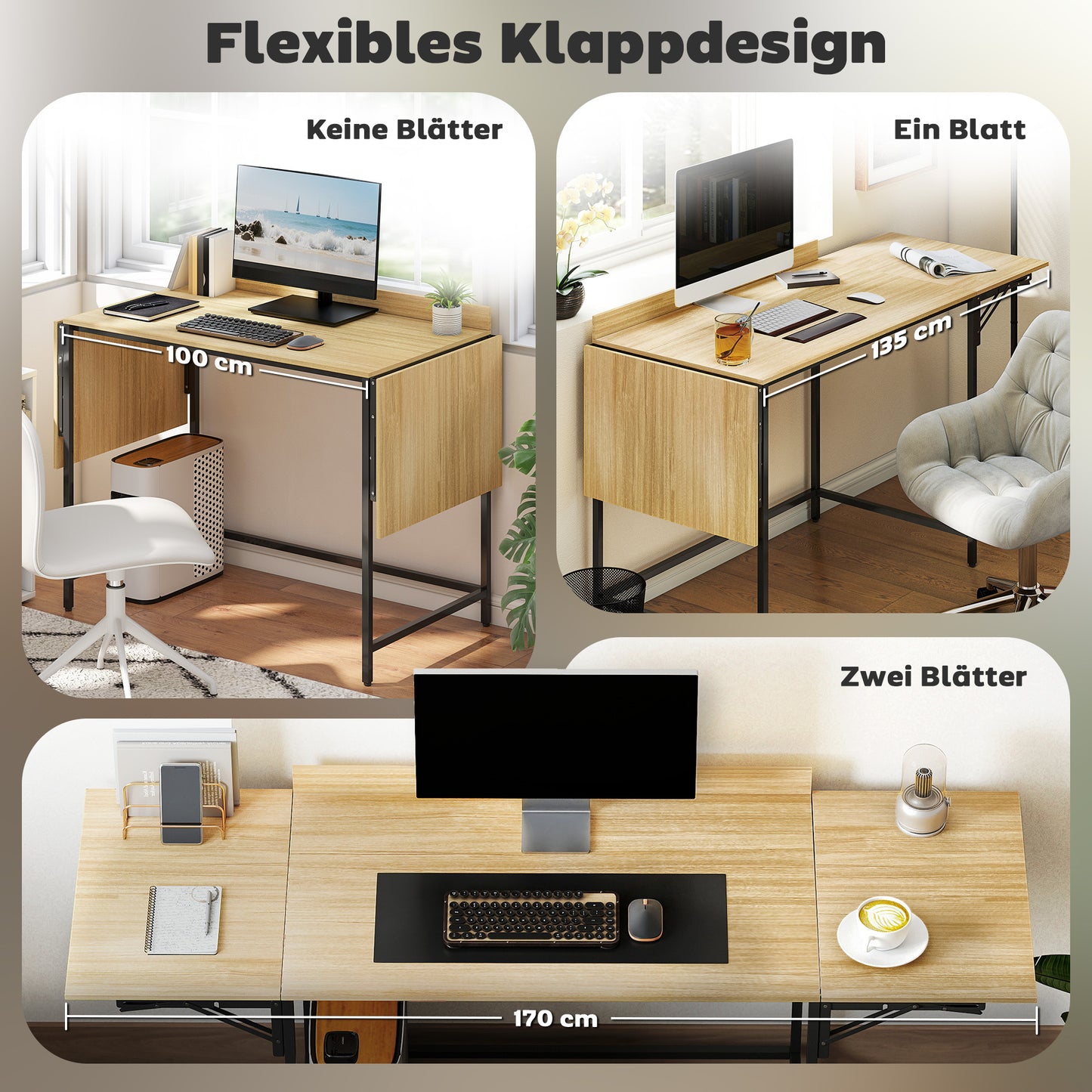 Foldable Computer Desk with 2 Extendable Panels, Ample Space for Monitors, Metal Legs, Sturdy Construction, Oak+Black