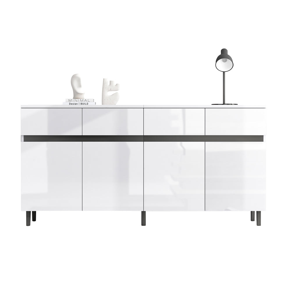 Moderne Kast – Opbergkast – Ladekast – Hoogglans Kast – Dressoir – Wit Hoogglans – 4 Ruime Lades – Verstelbare Planken