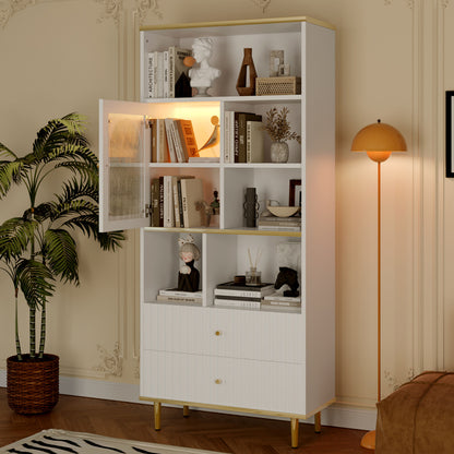Boekenkast – Boekenrek – Opbergkast – Vakkenkast – Stellingkast – Wit – Transparante Deuren – Geruisloze Laden – 78x36x180 cm – Metalen Voet – Vrijstaand Design