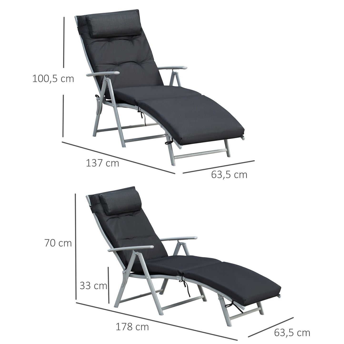 Zwarte Ligstoel – Tuinstoel – Relaxstoel – Lounge Chair – Zonnebed – 7 Posities Verstelbaar – Met Comfortabel Matras en Metalen Armleuningen