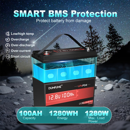 12V 100Ah Lithium IJzerfosfaat Accu – Lithium Batterij – Energie Accu – Camper Accu – Boot Accu – 1280W Maximale Vermogen – 6000 Laadcycli Met 100A BMS Veiligheidssysteem