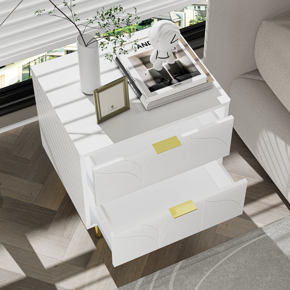 Nachtkastje – Bedkastje – Bedtafel – Slaapkamerkastje – Ladekast – Hoogglans Wit – Set Van 2 – Anti-Bots Hoeken – 2 Lades – Compact Formaat 50x40x54 cm