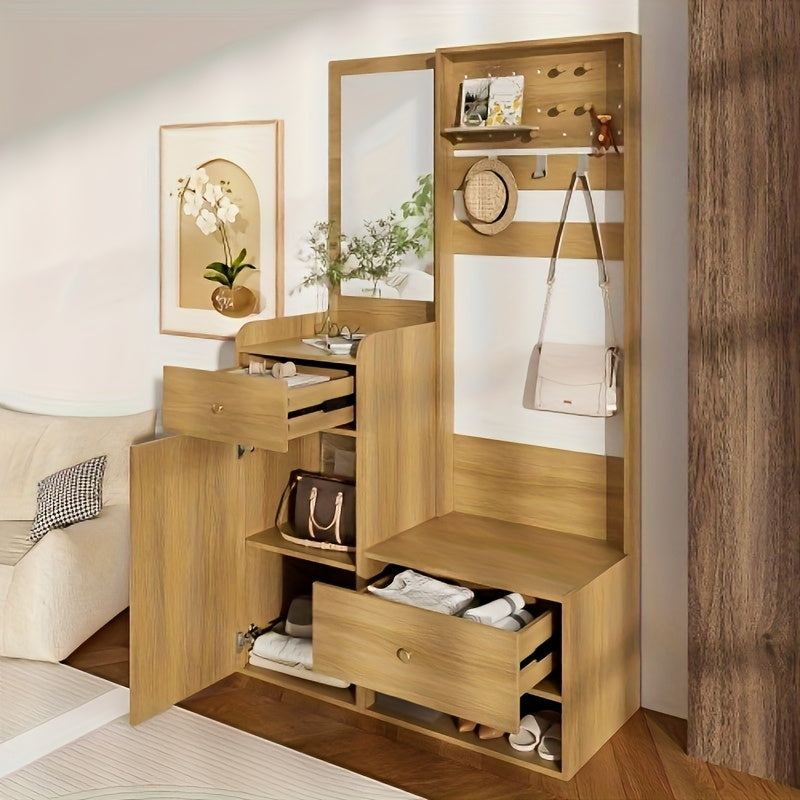 Kapstokkast – Garderobekast – Kapstok – Halmeubel – Garderoberek – Multifunctioneel – Compact – Vrijstaand – Rieten Beige/Bruin – Verstelbare Planken – Kledingroede – Spiegel