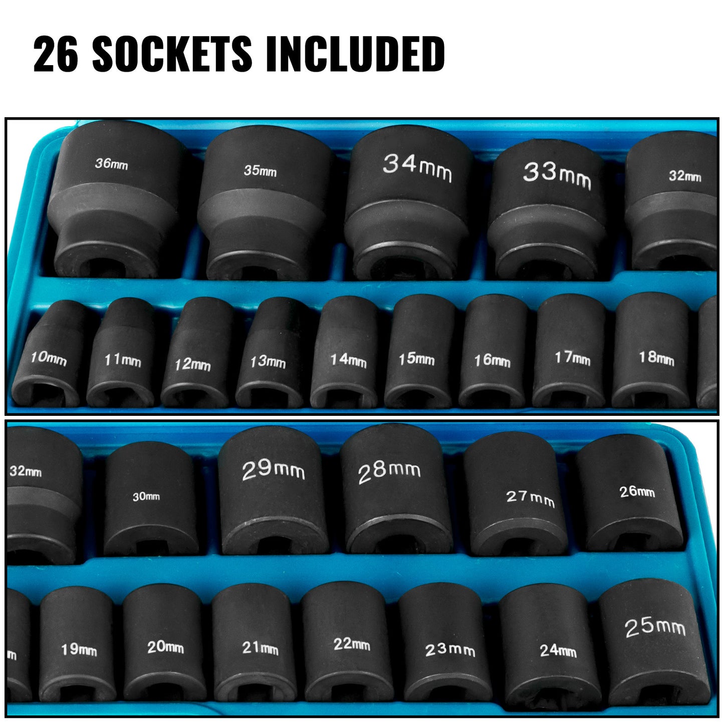 Impact Socket Set – Dopsleutel Set – Slagmoersleutel Sockets – Ratelsocket Set – Steeksleutel Doppen – 26-delig 1/2 Inch Aandrijving – Chroom-Molybdeenstaal – 6-punts Design