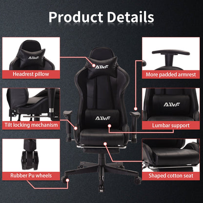 Gamingstoel – Gamestoel – Gaming Chair – Game Stoel – Bureaustoel – Ergonomische Lendesteun – Verstelbare Rugleuning met Voetensteun – Zwart PU Leer