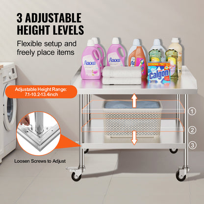 RVS Werktafel – Werkbank – Keukentafel – Werkruimte Tafel – Werkblad – 76x91x76 cm – 0,8 mm Roestvrij Staal – 4 Zwenkwielen Met Rem