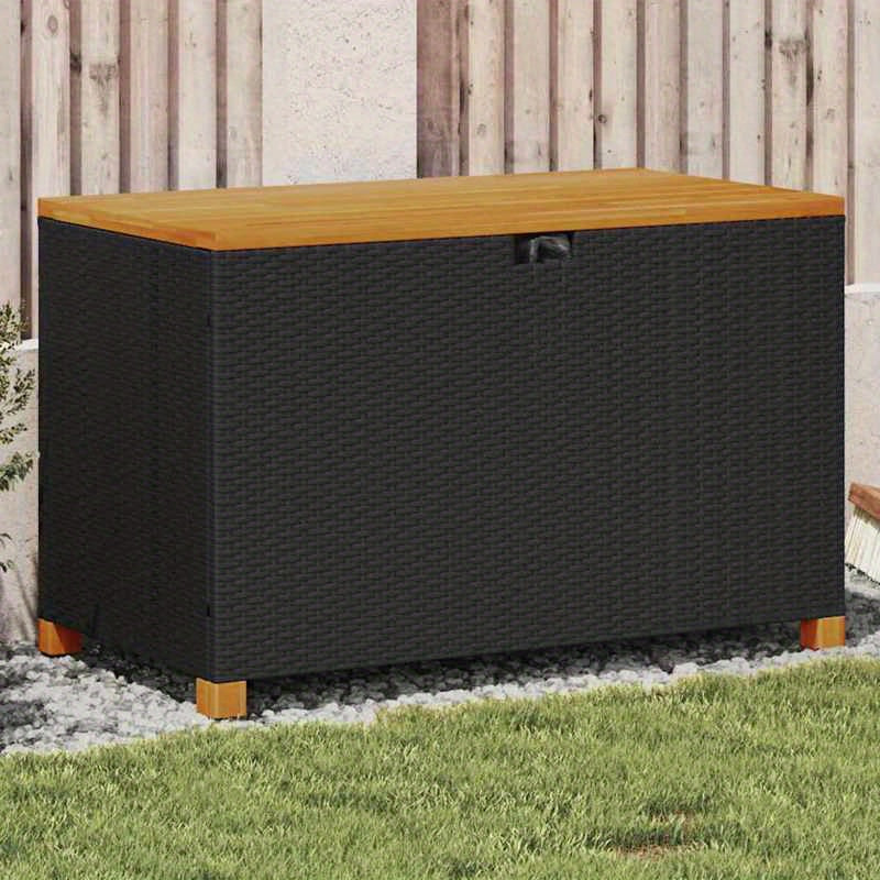 All-Weather Tuinkist – Opbergbank – Tuinbox – Outdoor Opslag – Patio Opberger – Zwarte Woven Resin Constructie – Acaciahouten Deksel