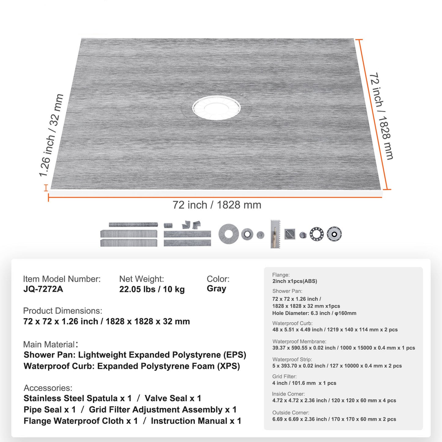 Douchebak – Douchepan – Douchevloer – Doucheplaat – Douchevloerplaat – Waterdicht HDPE Membraan – Roestvrijstalen Afvoerrooster 1828x1828mm