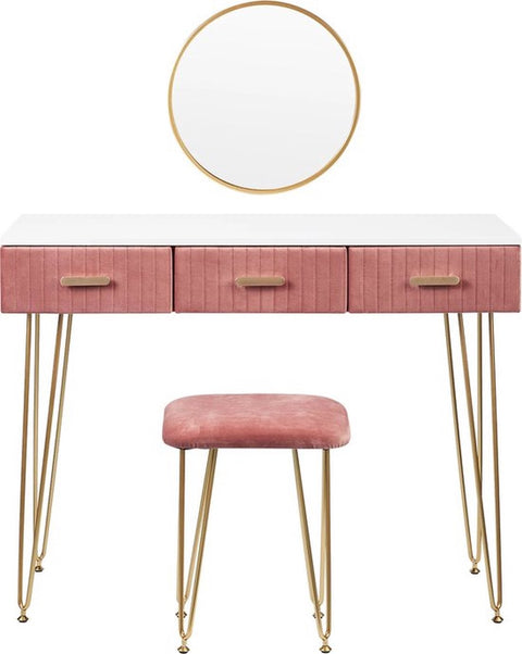Modern Dressoir - Roze - Kaptafel Met Spiegel En Verlichting - Klaptafel - Met Kruk - Cosmetische Tafel