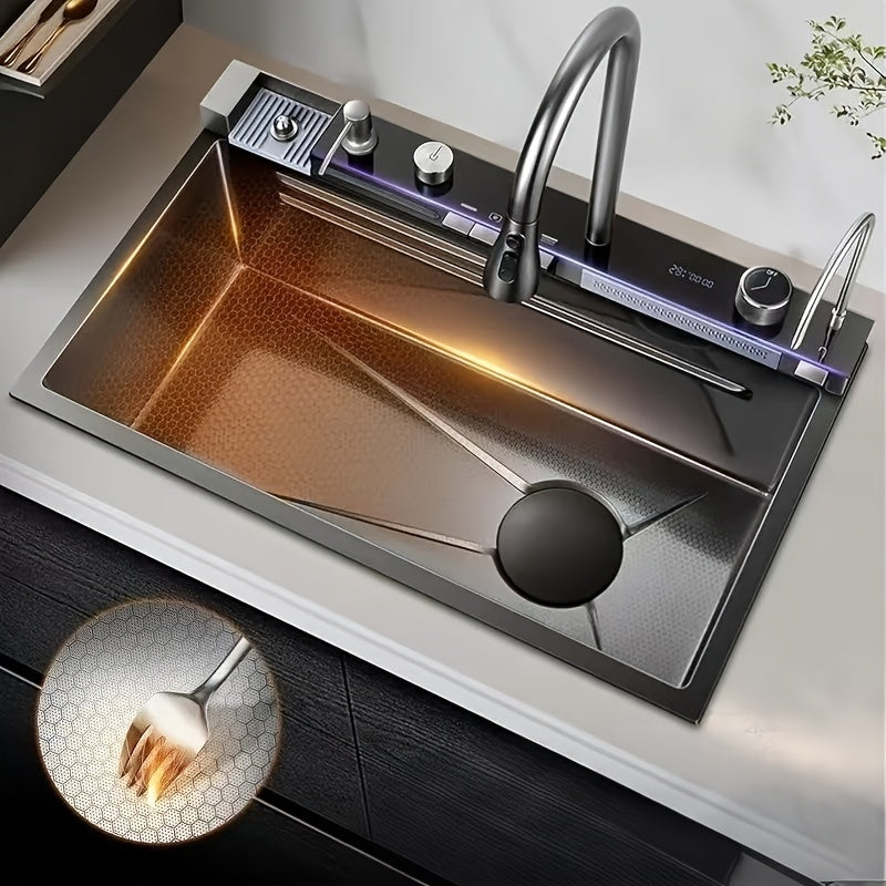 Enkele Spoelbak – Keukenspoelbak – RVS Spoelbak – Spoelbak Onderbouw – Zwarte Spoelbak – Roestvrij Staal SUS304 – 74,93 x 44,96 cm – Uittrekbare Kraan & Waterafvoer Rechts