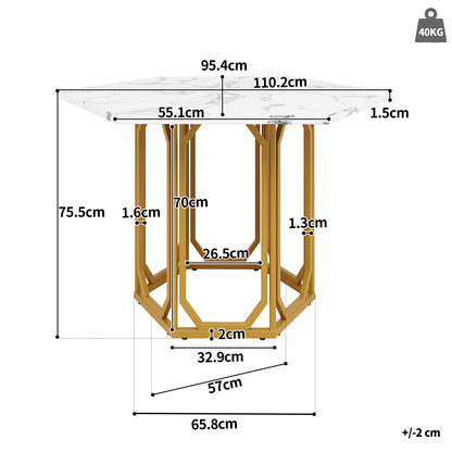 Eettafel Hexagonale Tafel Ontbijttafel Keukentafel Modern Design – Zeshoekige Marmerlook Tafelblad – Gouden Metalen Onderstel – Verstelbare Poten – Stevig & Onderhoudsvriendelijk – 110x95x75 cm