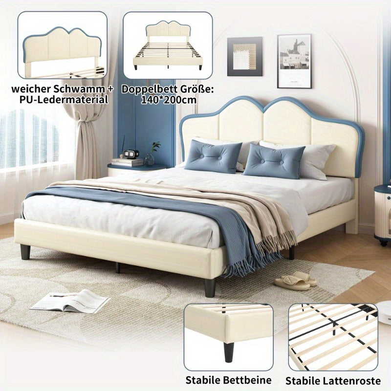 Bedframe – Bedombouw – Bedbodem – Ledikant – Slaapbank – Gevoerd Frame – Veiligheidsranden – 140x200 cm – PU Kunstleer – Wit Blauw