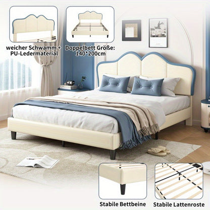 Bedframe – Bedombouw – Bedbodem – Ledikant – Slaapbank – Gevoerd Frame – Veiligheidsranden – 140x200 cm – PU Kunstleer – Wit Blauw
