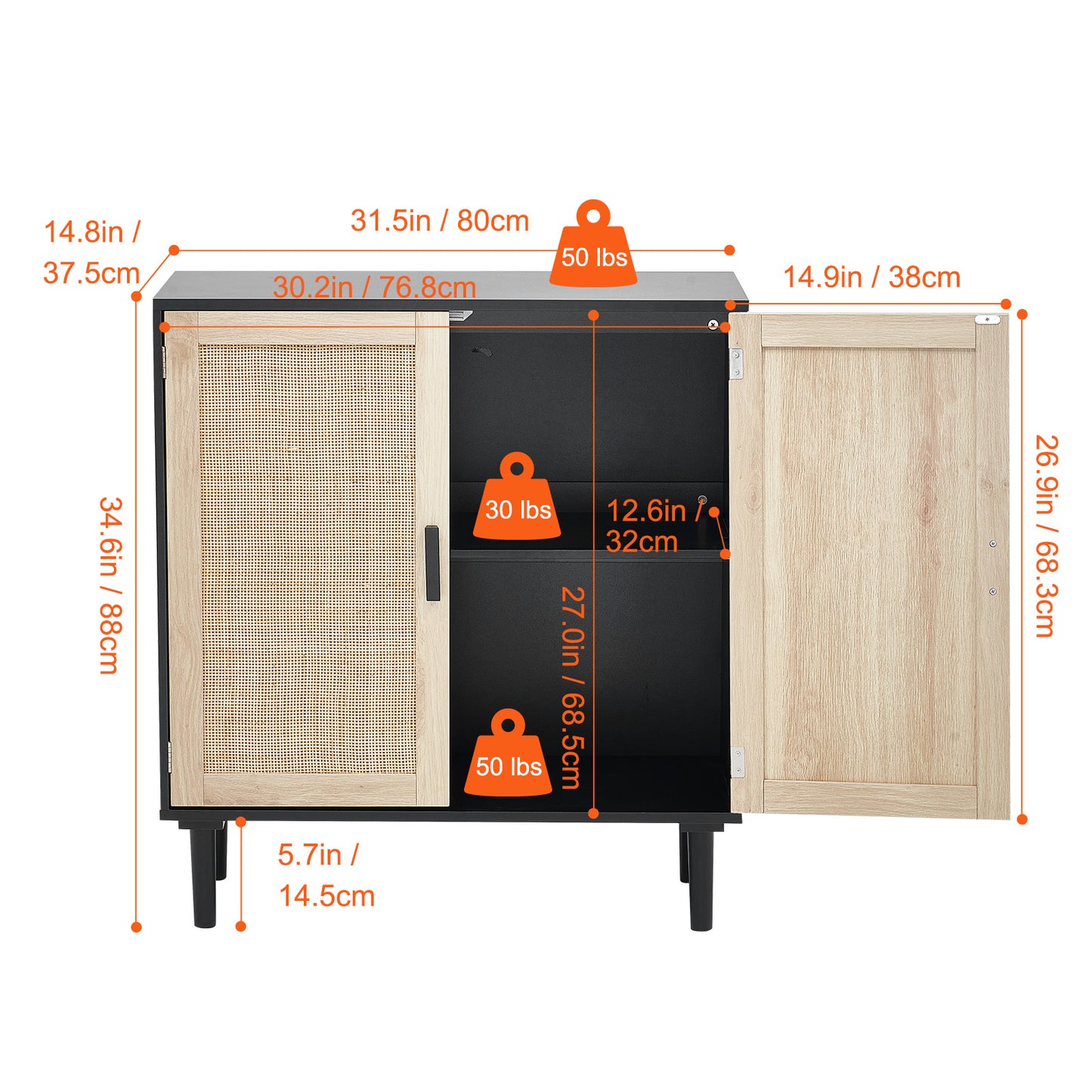 Kast – Opbergkast – Rattan Kast – Dressoir – Buffetkast – Handgeweven Rattan Deuren – Verstelbare Legplanken – Zwart – Magnetische Deuren