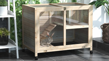 Konijnenkooi – Houten Konijnenverblijf – Konijnenhok – Dierenverblijf – Konijn Bench – Natuurlijk Massief Hout – Twee Verdiepingen Met Speelplatforms