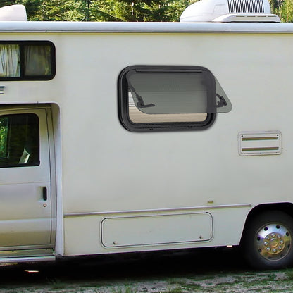 Uitzetraam Camper – Caravan Raam – Ventilatieraam – Insectenhorraam – Zonwerend Raam – 500x300mm – Aluminium – Tempered Glas – Plissé Hor – Zwart/Wit
