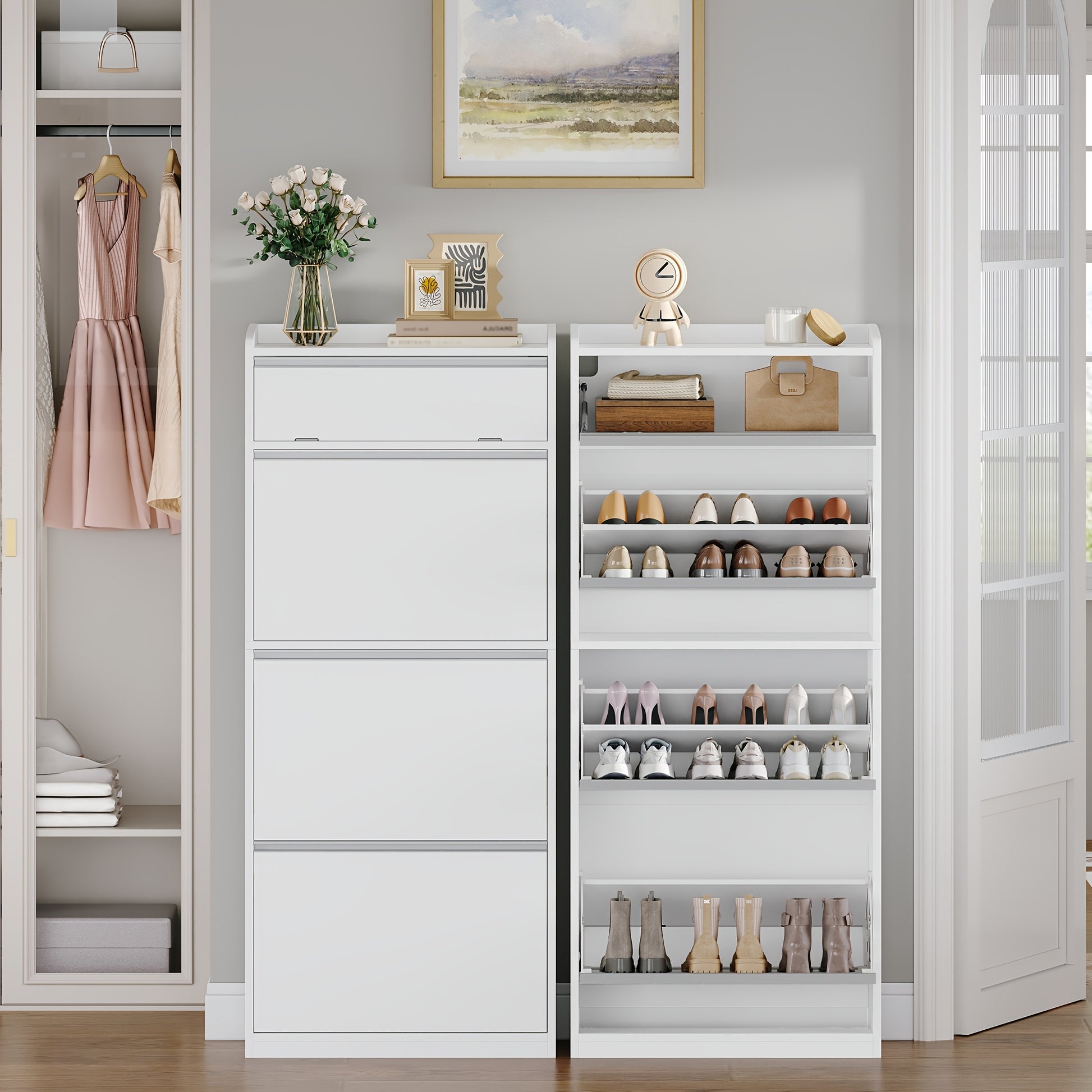 Shoe Cabinet with 3 Drop-down Doors, Shoe Storage Unit, Narrow Shoe Chest with 1 Drop-down Shelf, for 12-18 Pairs Of Shoes, Adjustable Shelves, for Hallways, Entryways, 60 X 24 X 145cm, White - QUORE