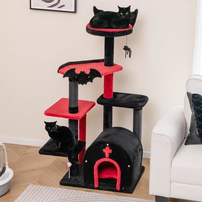Gothic Kattenklimrek – Kattenboom – Kattenhuis – Krabpaal – Kattenmeubel – Rood/Zwart – 6 Niveaus – Zachte Ligplek 50x35 cm