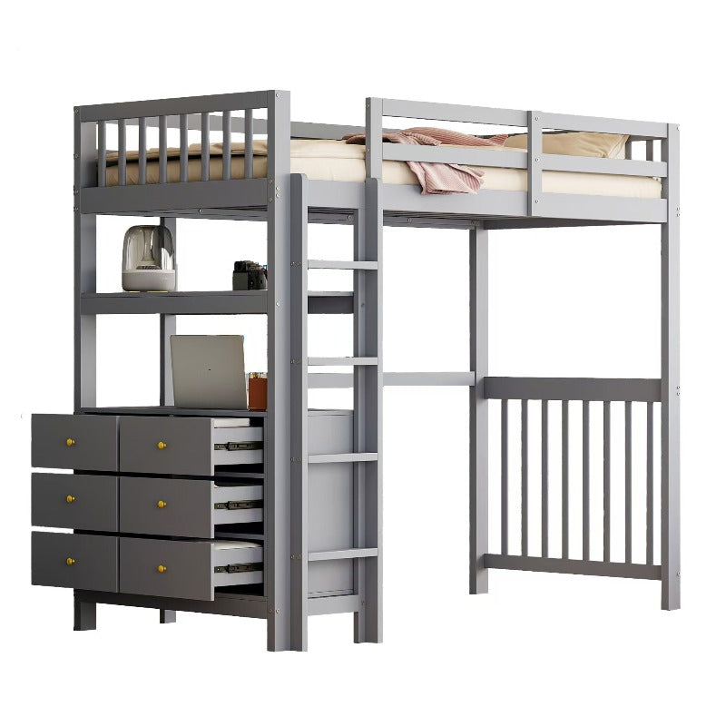 Hoogslaper – Eenpersoonsbed – Stapelbed – Bed met Opberglades – Bed met Ladder – 90x200 cm – Grijs Metaal – Ruimtebesparend Design – Stevige Metalen Constructie