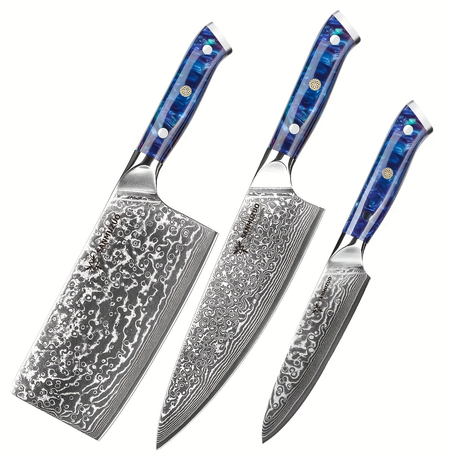 Keukenmessen Set – Koksmes – Utility Mes – Hakmes – Messen Set Blauw – VG10 Damaststaal – Resin Handgreep