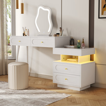 Kaptafel – Make-up Tafel – Dressing Table – Schoonheidstafel – Opbergmeubel – Modern Wit – Met 4 Lades en Open Plank – Compact Ruimtebesparend Ontwerp – Stevig Metalen Frame met Gouden Knoppen – Inclusief Kledingrek – 140x40x130 cm