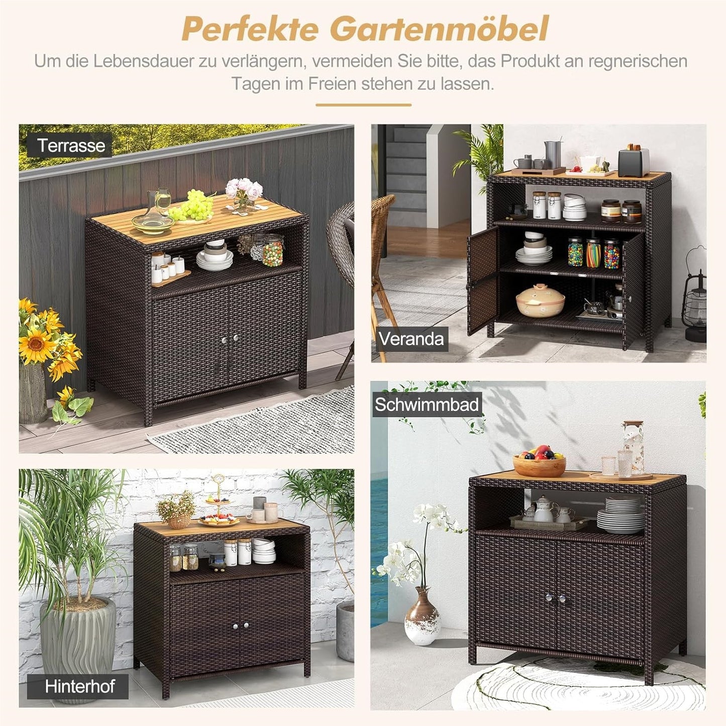 Tuinkast Rattan Opbergkast Bergkast Buitenopberger Terraskast – Bruin – Acaciahouten Werkblad – Verstelbare Voetjes – 90x53x86 cm