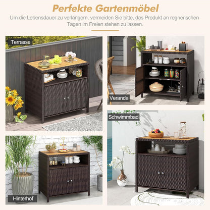 Tuinkast Rattan Opbergkast Bergkast Buitenopberger Terraskast – Bruin – Acaciahouten Werkblad – Verstelbare Voetjes – 90x53x86 cm