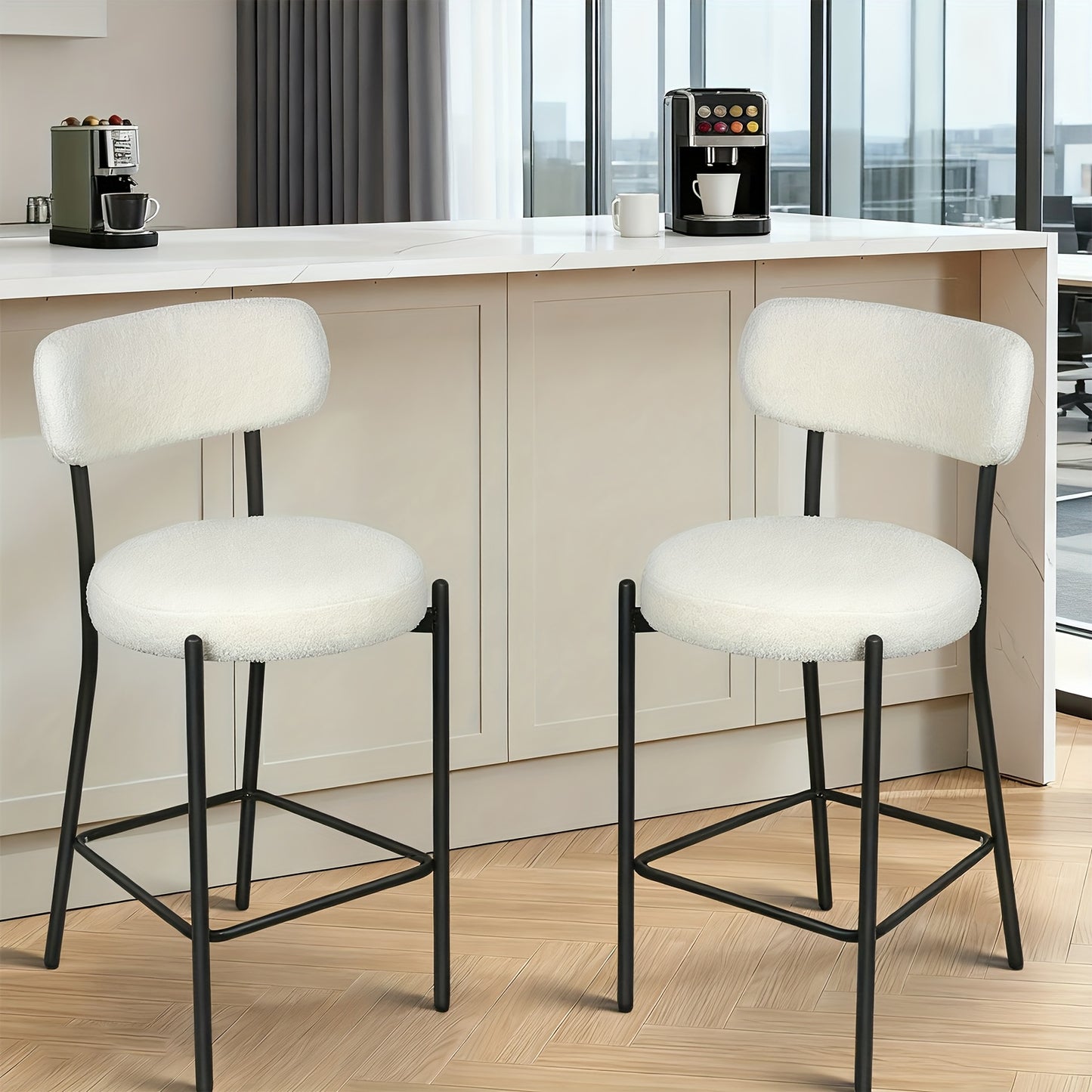 Set of 2 Modern Teddy Boucle Counter Height Chairs & Bar Stools - Plush Round Thick-Seated Padded Dining Set with Black Carbon Steel Frame, Kitchen, Cafe, Breakfast Nook Furniture for or Commercial Use - Easy Assembly