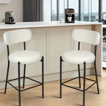 Set of 2 Modern Teddy Boucle Counter Height Chairs & Bar Stools - Plush Round Thick-Seated Padded Dining Set with Black Carbon Steel Frame, Kitchen, Cafe, Breakfast Nook Furniture for or Commercial Use - Easy Assembly